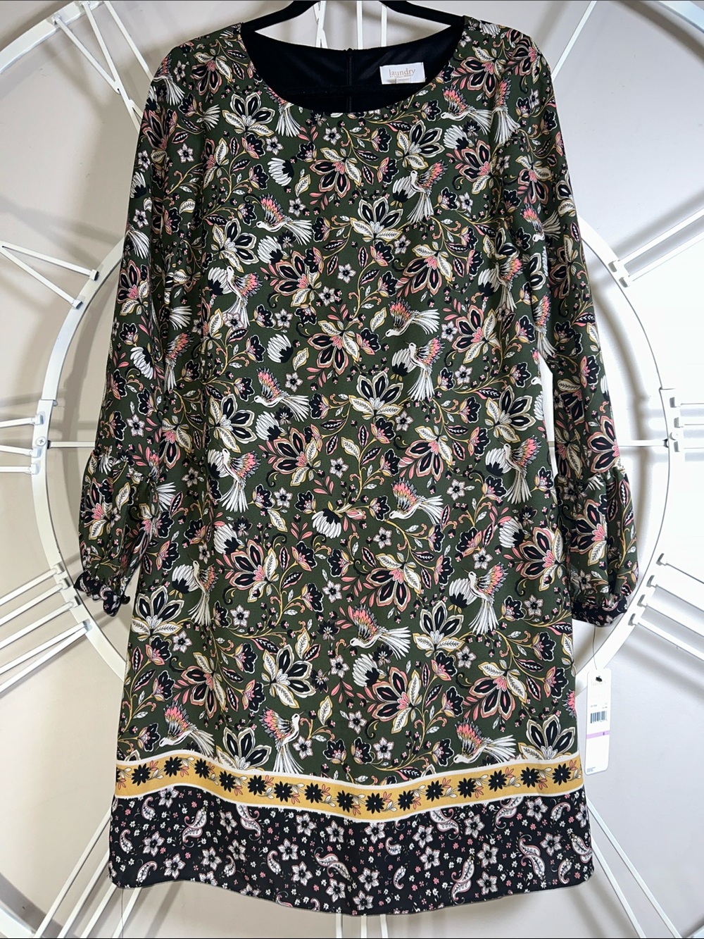 NWT Laundry By Shelli Segal Olive Floral Long-Sleeve Border-Print Dress
